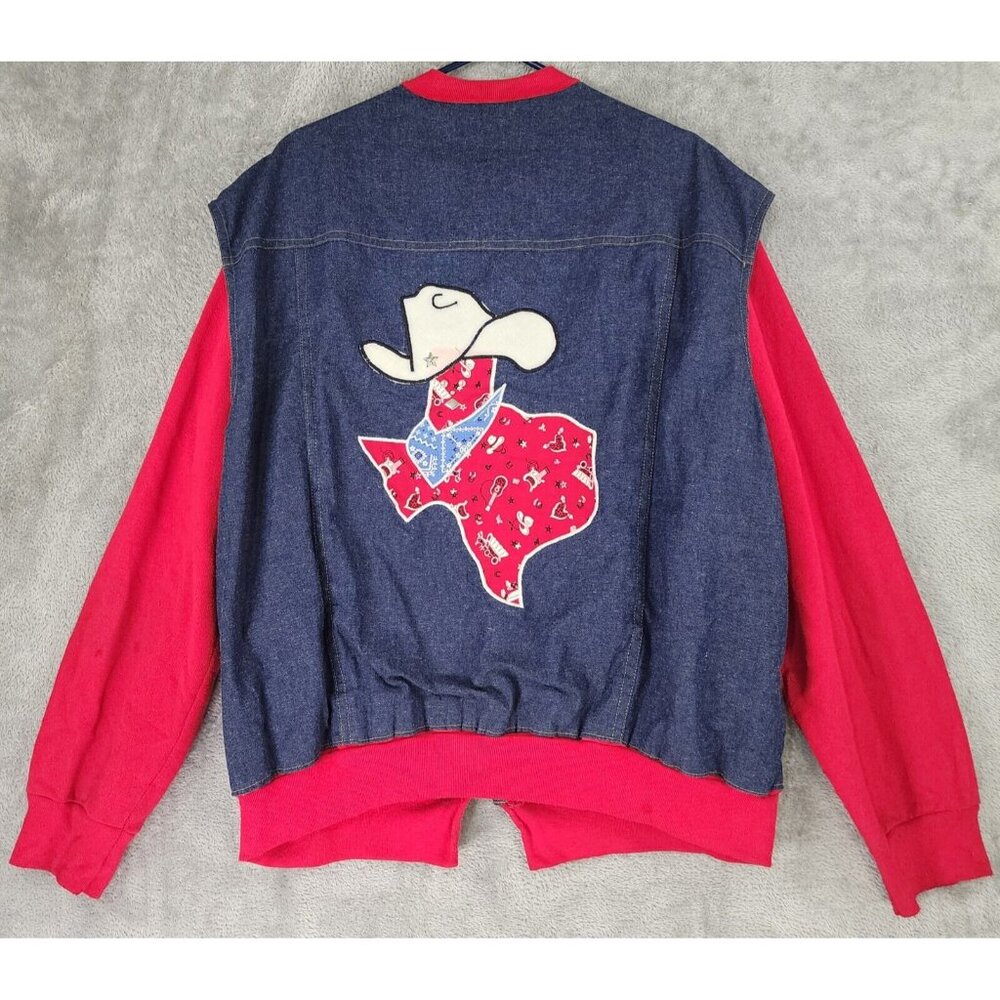 Tultex Denim Jacket Womens 2XL Blue Red Texas Patch Long Sleeve 90s Vintage USA